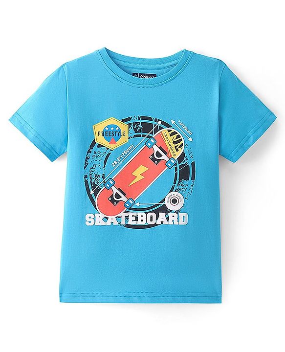 Pine Kids Cotton Half Sleeves T-Shirt Skateboard Print - Blue Atoll