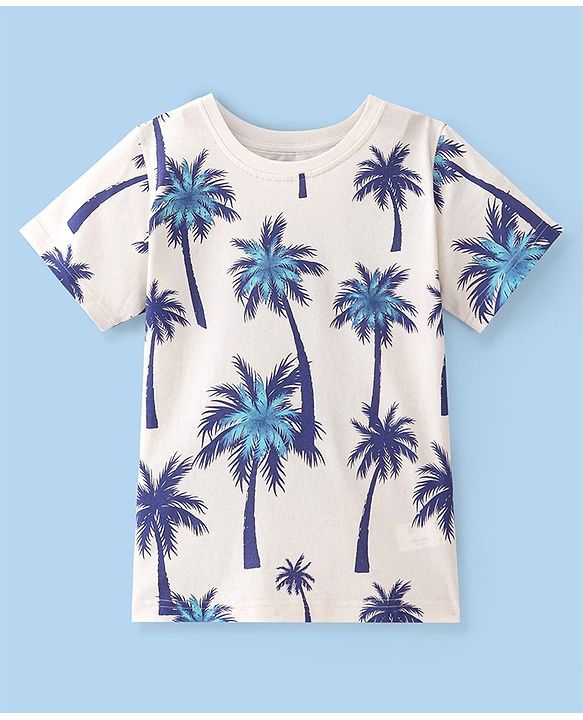 Pine Kids 100% Cotton Half Sleeves Palm Tree Print T-Shirt - White