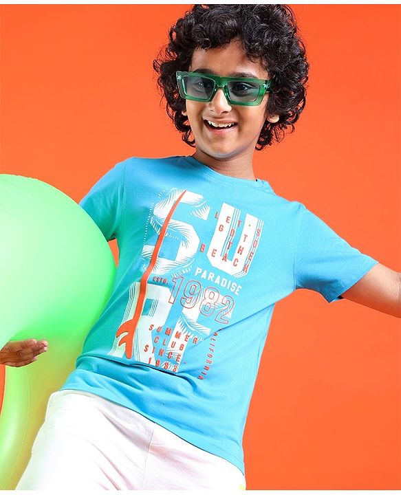 Pine Kids Cotton Half Sleeves T-Shirt Surf Print - Blue