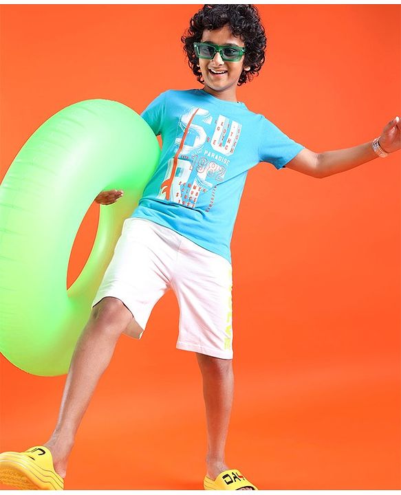 Pine Kids Cotton Half Sleeves T-Shirt Surf Print - Blue