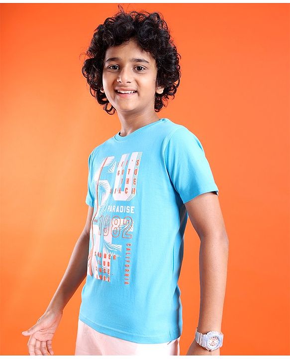 Pine Kids Cotton Half Sleeves T-Shirt Surf Print - Blue