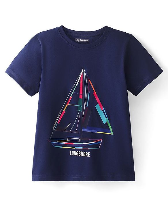 Pine Kids Cotton Knit Half Sleeves T-Shirt Boat Print - Blue Depths
