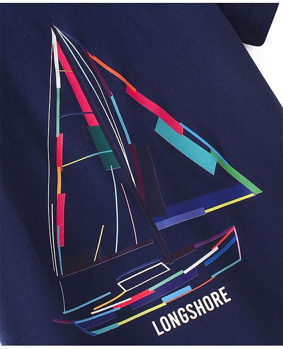 Pine Kids Cotton Knit Half Sleeves T-Shirt Boat Print - Blue Depths