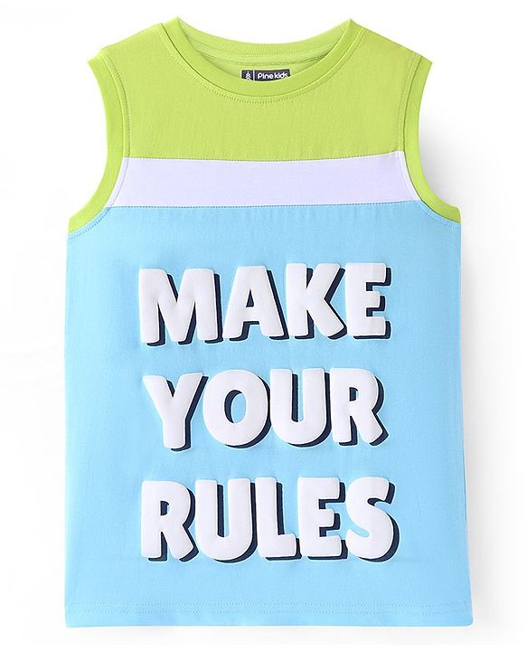 Pine Kids Cotton Knit Sleeveless T-Shirt Text Print - Wild Lime & Atomizer