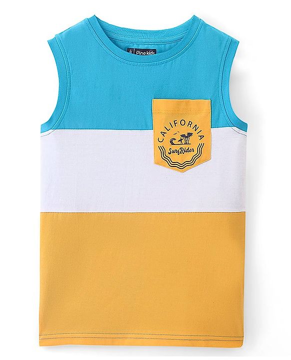 Pine Kids Cotton Knit Sleeveless Text Printed Tank T-Shirt - Blue & Yellow