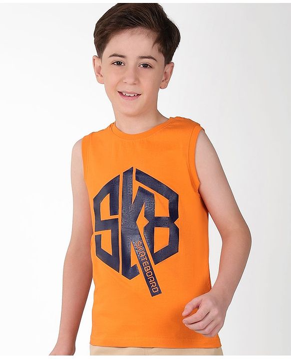 Pine Kids Cotton Sleeveless Tank T-Shirt SKB Print - Tangerine