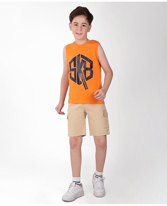 Pine Kids Cotton Sleeveless Tank T-Shirt SKB Print - Tangerine