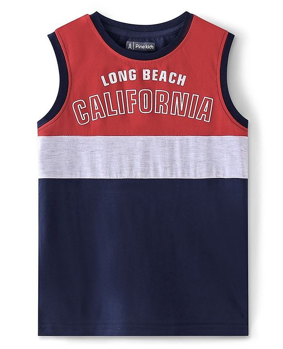 Pine Kids Cotton Knit Sleeveless Text Printed Tank T-Shirt - Red & Blue