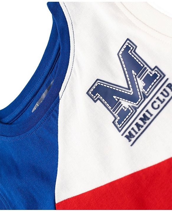 Pine Kids Cotton Knit Sleeveless T-Shirt with Text Print & Color Block - Red White & Navy Blue