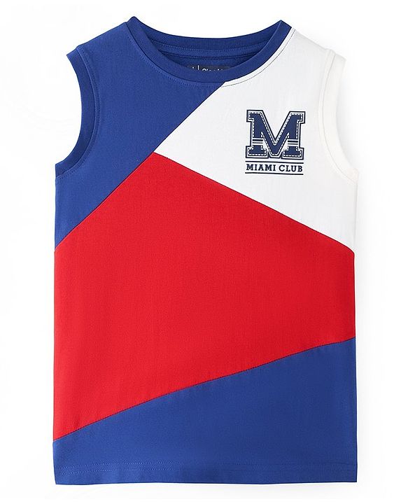 Pine Kids Cotton Knit Sleeveless T-Shirt with Text Print & Color Block - Red White & Navy Blue