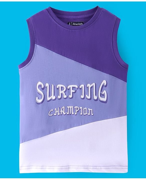 Pine Kids Cotton Knit Sleeveless T-Shirt With Color Block & Text Print - Snow White