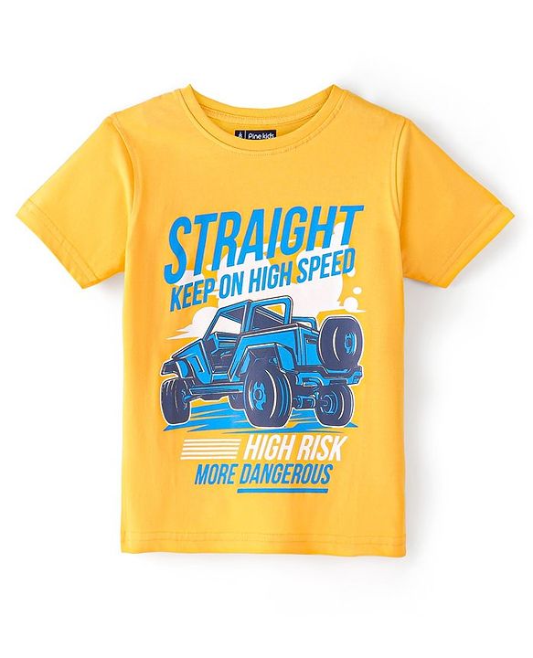 Pine Kids Cotton Knit Half Sleeves T-Shirt With Jeep Print - Yellow