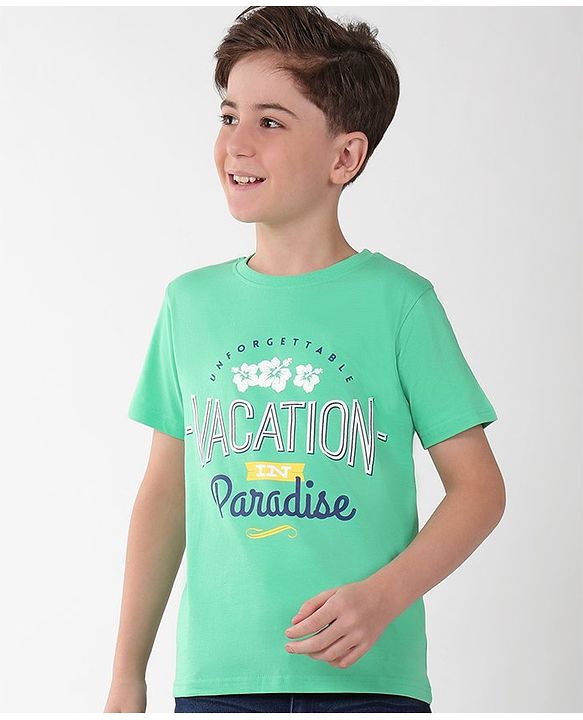 Pine Kids Cotton Knit Half Sleeves Text & Floral Printed T-Shirt - Green