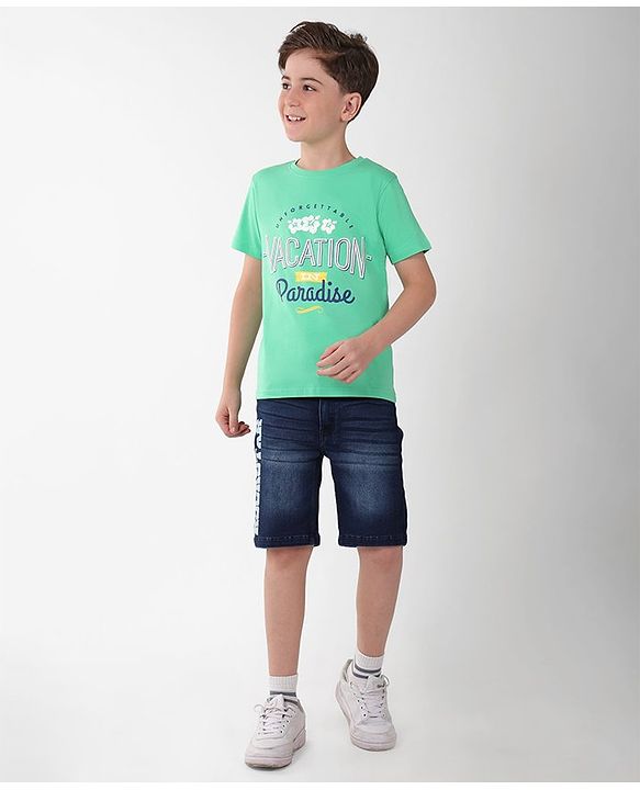 Pine Kids Cotton Knit Half Sleeves Text & Floral Printed T-Shirt - Green