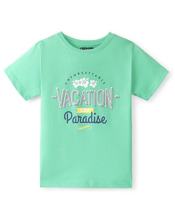 Pine Kids Cotton Knit Half Sleeves Text & Floral Printed T-Shirt - Green