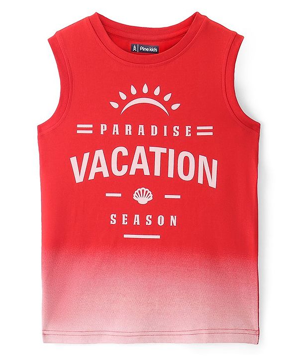 Pine Kids Cotton Knit Sleeveless T-Shirt with Text Print - Red & White