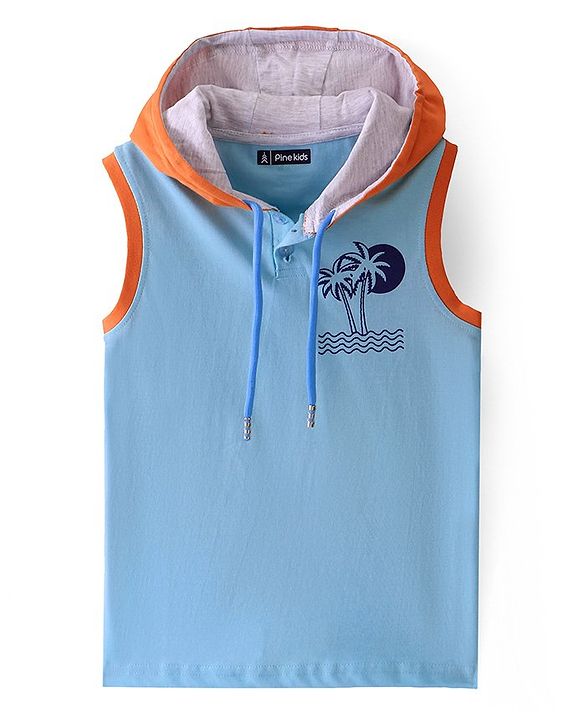 Pine Kids Cotton Knit Sleeveless Hooded T-Shirt Trees Print - Blue