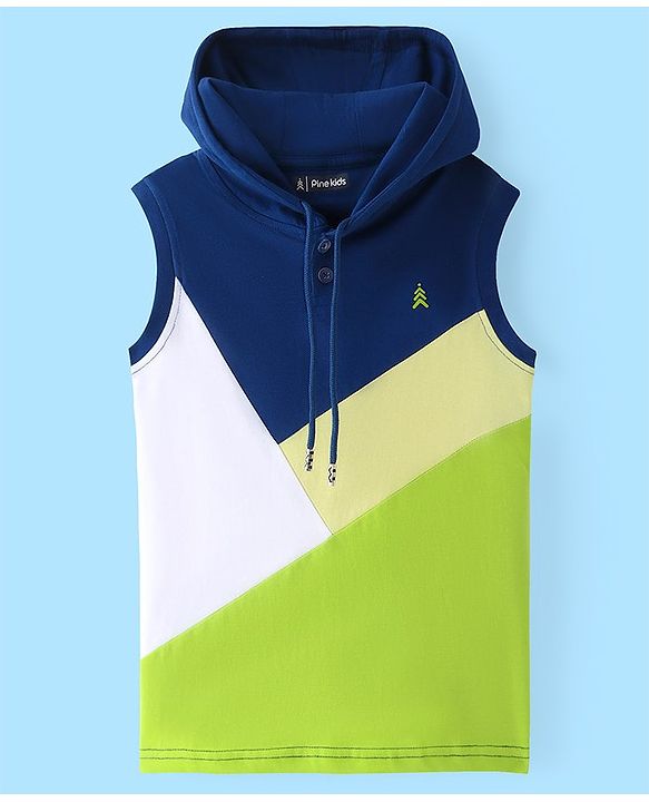 Pine Kids Cotton Knit Sleeveless  Hooded T-Shirt With Color Block Print - Multicolor