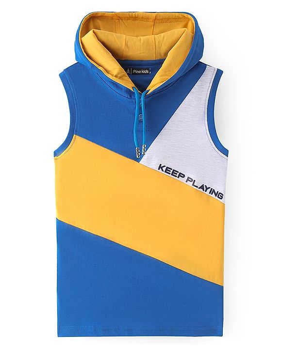 Pine Kids Cotton Knit Sleeveless  Hooded T-Shirt With Color Block Print - Multicolor