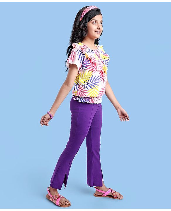 Pine Kids Cotton Knit Half Sleeves Leaves Printed Top - White