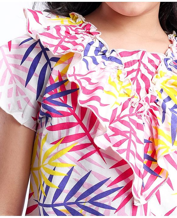 Pine Kids Cotton Knit Half Sleeves Leaves Printed Top - White