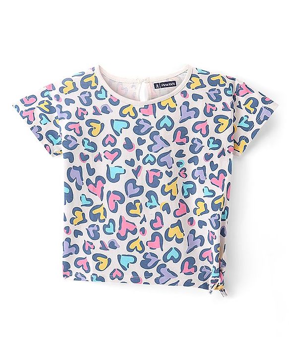Pine Kids Cotton Half Sleeves Knotted Top Hearts Print - Snow White