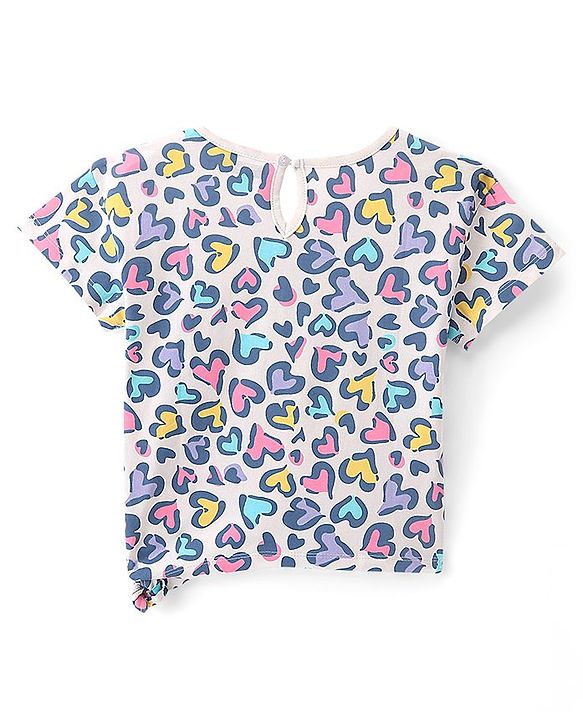 Pine Kids Cotton Half Sleeves Knotted Top Hearts Print - Snow White