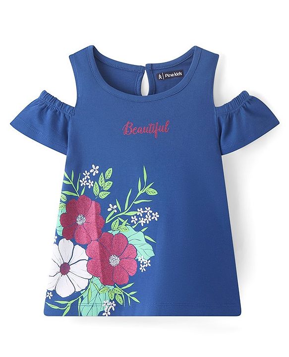Pine Kids Cotton Knit Cold Shoulder Sleeves Floral Printed Top - Blue