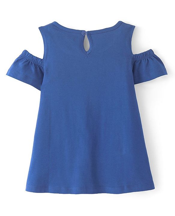 Pine Kids Cotton Knit Cold Shoulder Sleeves Floral Printed Top - Blue