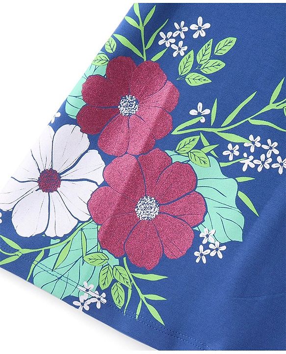 Pine Kids Cotton Knit Cold Shoulder Sleeves Floral Printed Top - Blue