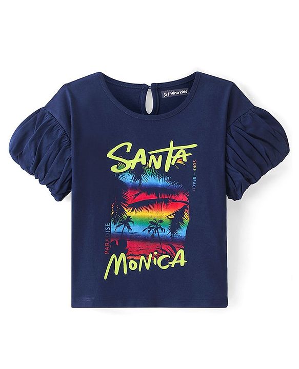 Pine Kids Cotton Knit Half Sleeves Top Beach Theme - Navy Poeny