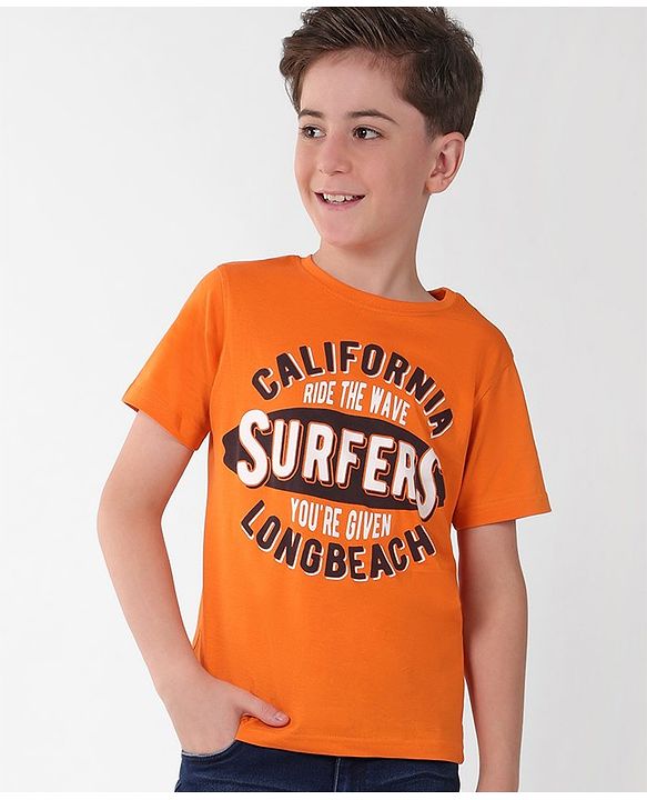 Pine Kids Cotton Knit Half Sleeves Text Print T-Shirt - Orange