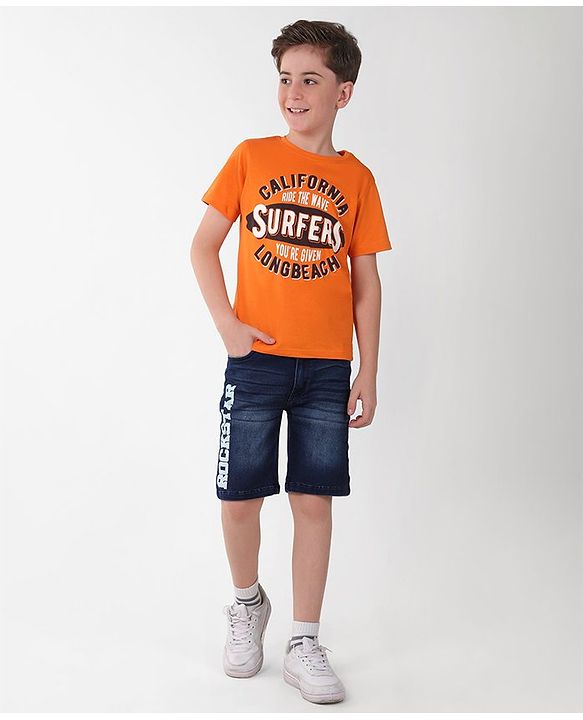 Pine Kids Cotton Knit Half Sleeves Text Print T-Shirt - Orange