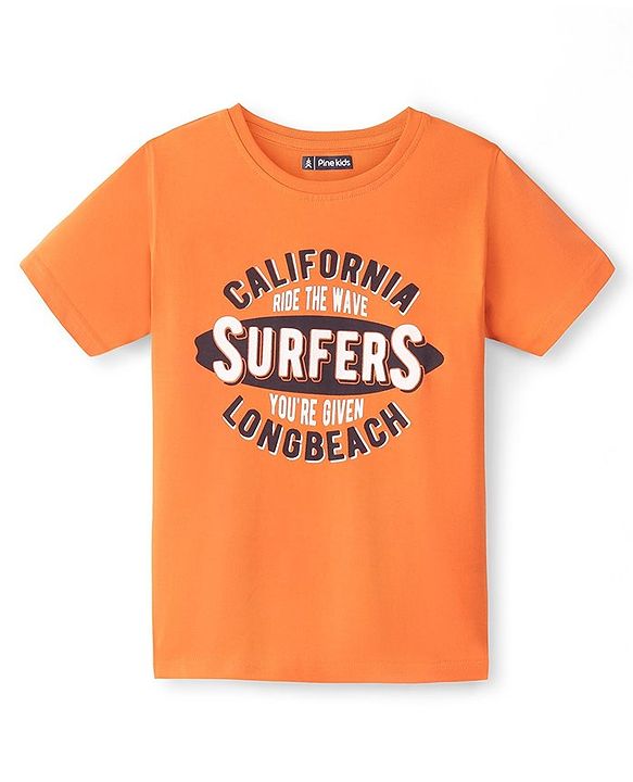 Pine Kids Cotton Knit Half Sleeves Text Print T-Shirt - Orange