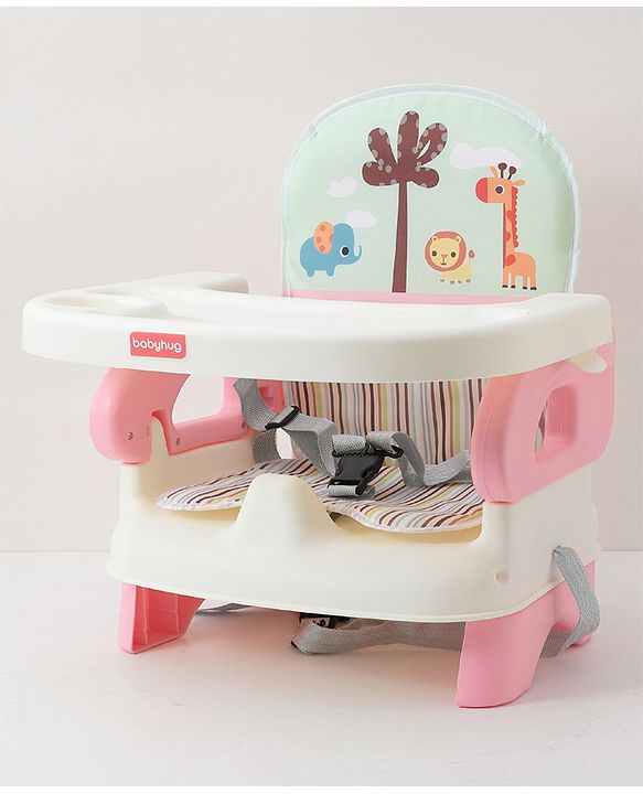 Babyhug Comfort Folding Booster Seat with 3 Point Safety Harness Built-In Cup Holder Animal Print- Pink| Adjustable Height| Easy to Install| Removable Food Tray| Washable Sear Cover