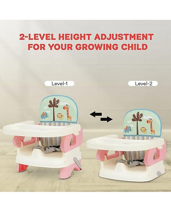 Babyhug Comfort Folding Booster Seat with 3 Point Safety Harness Built-In Cup Holder Animal Print- Pink| Adjustable Height| Easy to Install| Removable Food Tray| Washable Sear Cover