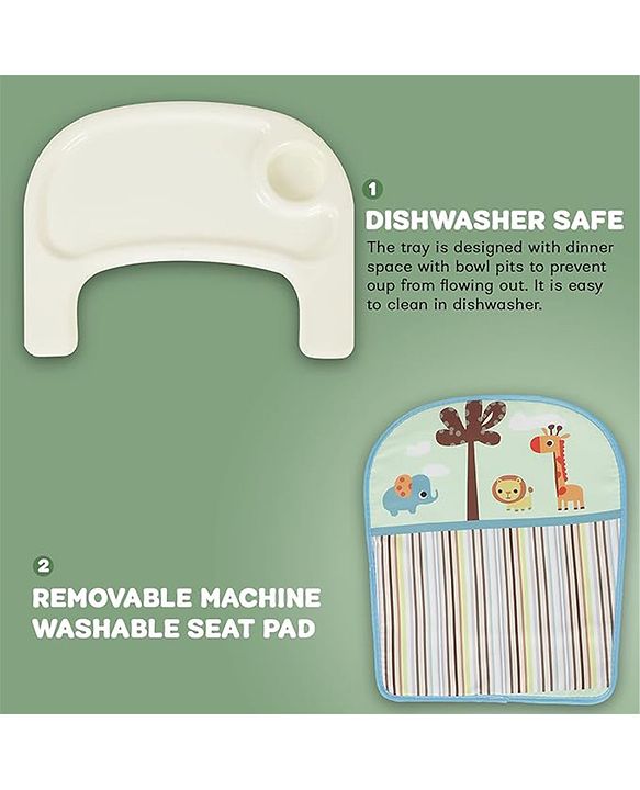 Babyhug Comfort Folding Booster Seat with 3 Point Safety Harness Built-In Cup Holder Animal Print- Pink| Adjustable Height| Easy to Install| Removable Food Tray| Washable Sear Cover