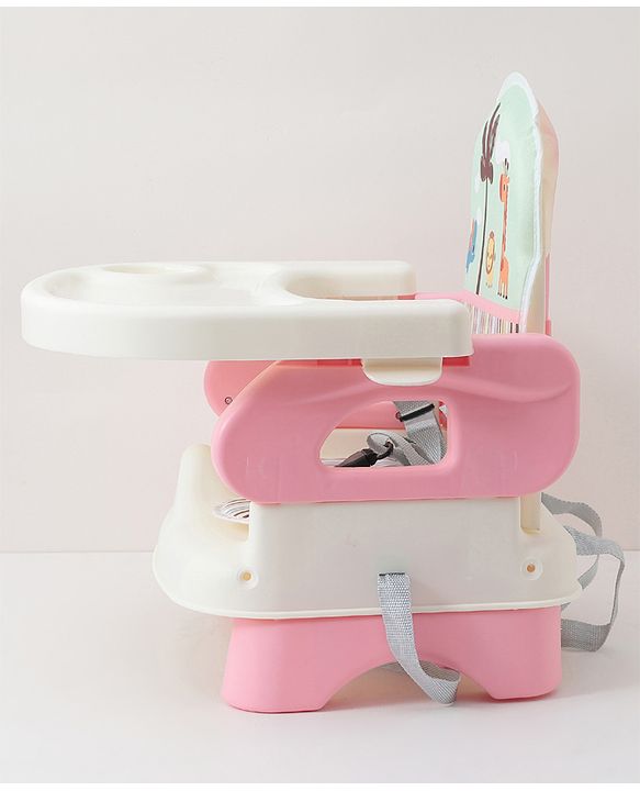 Babyhug Comfort Folding Booster Seat with 3 Point Safety Harness Built-In Cup Holder Animal Print- Pink| Adjustable Height| Easy to Install| Removable Food Tray| Washable Sear Cover