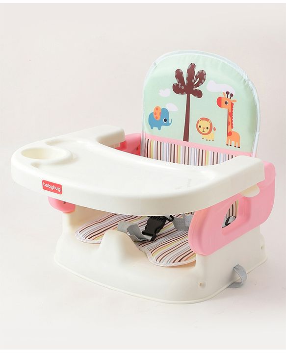 Babyhug Comfort Folding Booster Seat with 3 Point Safety Harness Built-In Cup Holder Animal Print- Pink| Adjustable Height| Easy to Install| Removable Food Tray| Washable Sear Cover