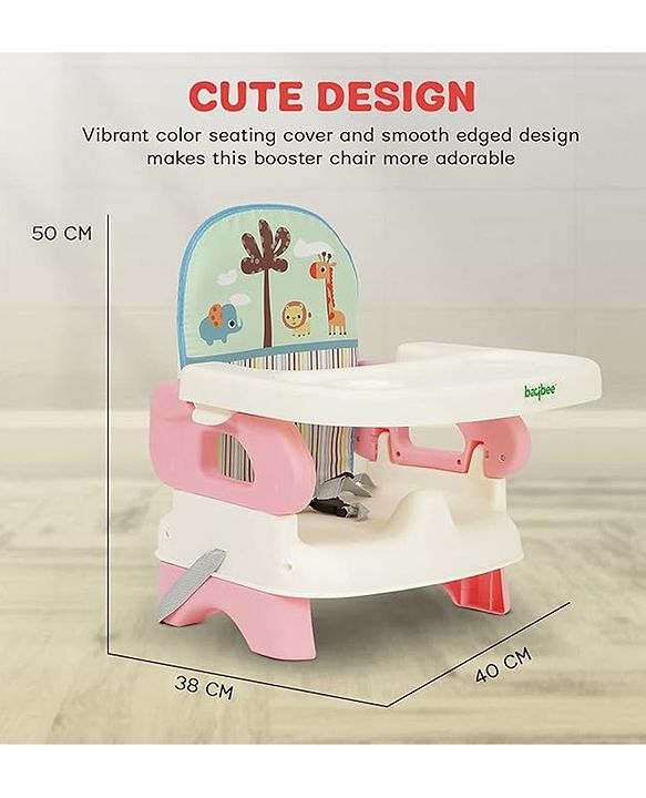 Babyhug Comfort Folding Booster Seat with 3 Point Safety Harness Built-In Cup Holder Animal Print- Pink| Adjustable Height| Easy to Install| Removable Food Tray| Washable Sear Cover