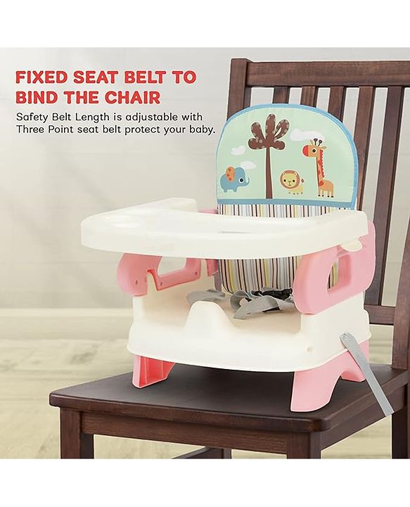 Babyhug Comfort Folding Booster Seat with 3 Point Safety Harness Built-In Cup Holder Animal Print- Pink| Adjustable Height| Easy to Install| Removable Food Tray| Washable Sear Cover