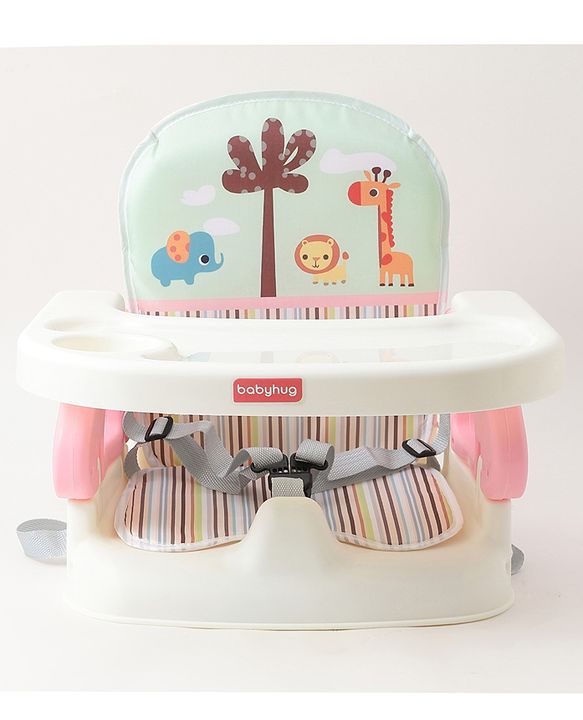 Babyhug Comfort Folding Booster Seat with 3 Point Safety Harness Built-In Cup Holder Animal Print- Pink| Adjustable Height| Easy to Install| Removable Food Tray| Washable Sear Cover