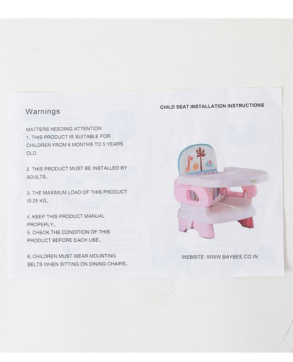 Babyhug Comfort Folding Booster Seat with 3 Point Safety Harness Built-In Cup Holder Animal Print- Pink| Adjustable Height| Easy to Install| Removable Food Tray| Washable Sear Cover