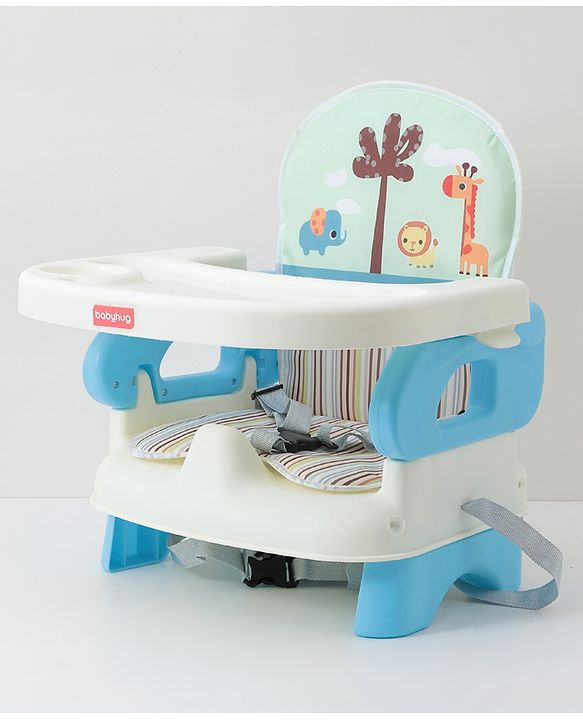 Babyhug Comfort Folding Booster Seat with 3 Point Safety Harness Built-In Cup Holder Animal Print- Pink| Adjustable Height| Easy to Install| Removable Food Tray| Washable Sear Cover