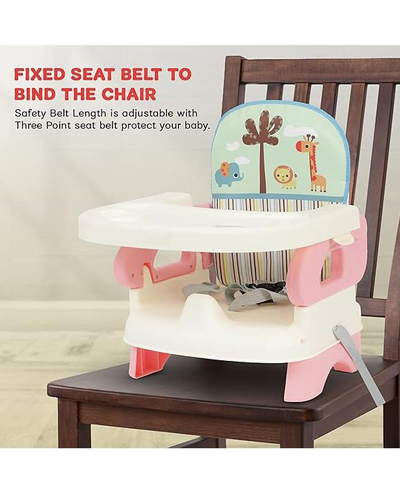 Babyhug Comfort Folding Booster Seat with 3 Point Safety Harness Built-In Cup Holder Animal Print- Pink| Adjustable Height| Easy to Install| Removable Food Tray| Washable Sear Cover