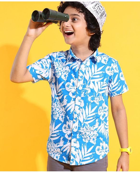 Pine Kids Cotton Half Sleeves Shirt Tropical Print - Blue