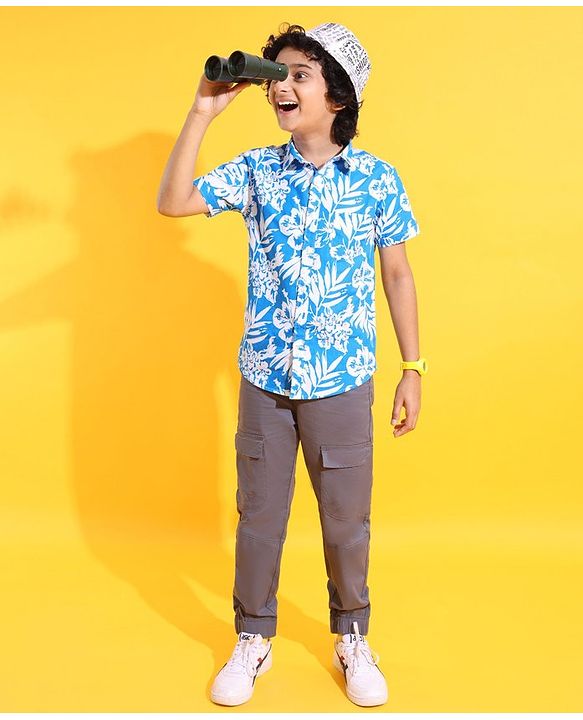 Pine Kids Cotton Half Sleeves Shirt Tropical Print - Blue