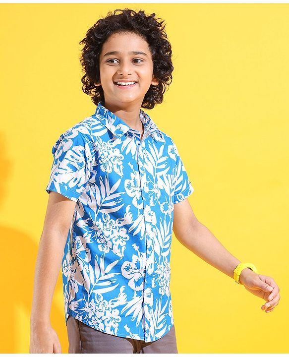 Pine Kids Cotton Half Sleeves Shirt Tropical Print - Blue