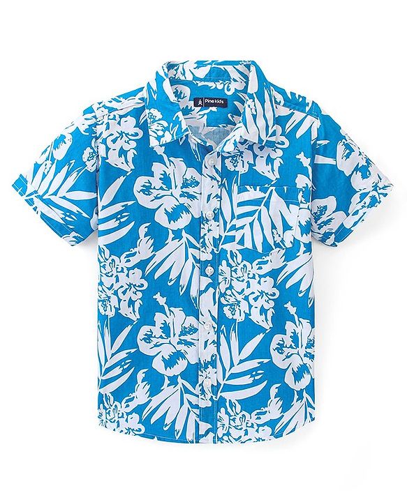 Pine Kids Cotton Half Sleeves Shirt Tropical Print - Blue