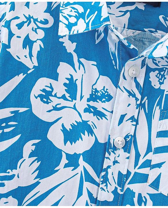 Pine Kids Cotton Half Sleeves Shirt Tropical Print - Blue